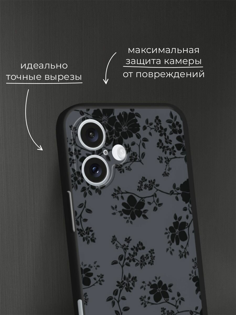 Черный матовый чехол на Apple iPhone 16 Plus / Айфон 16 Плюс с принтом Черные цветы на сером — фото 1