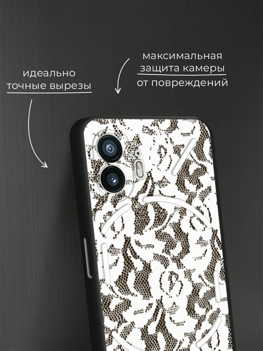 Черный матовый чехол на Nothing Phone 2 / Нафинг Фон 2 с принтом Белые кружева цветов — фото 1