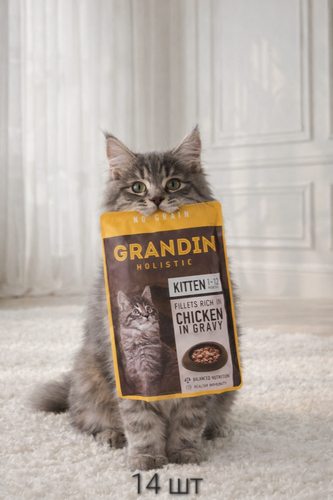 Изображение товара Grandin Влажный корм (пауч) для котят, кусочки с курицей в соусе, 85 гр. x 14 шт