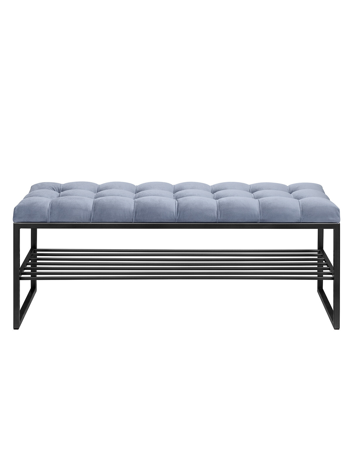 Банкетка в прихожую GREENWEEN RUBY, черный каркас, сидение велюр цвет Light Blue, каретная стяжка, 1100х400х435