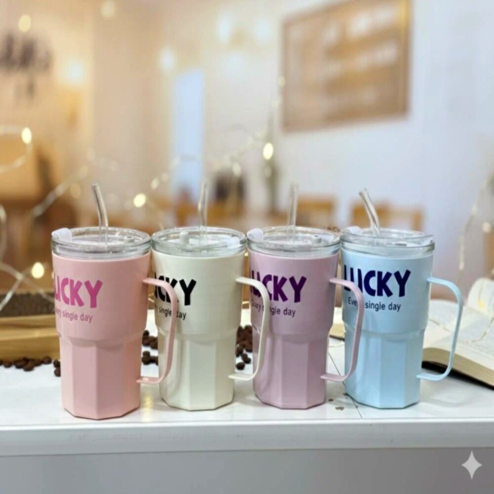 Стеклянный стакан с трубочкой и ручкой Lucky, многоразовый, для горячих и холодных напитков