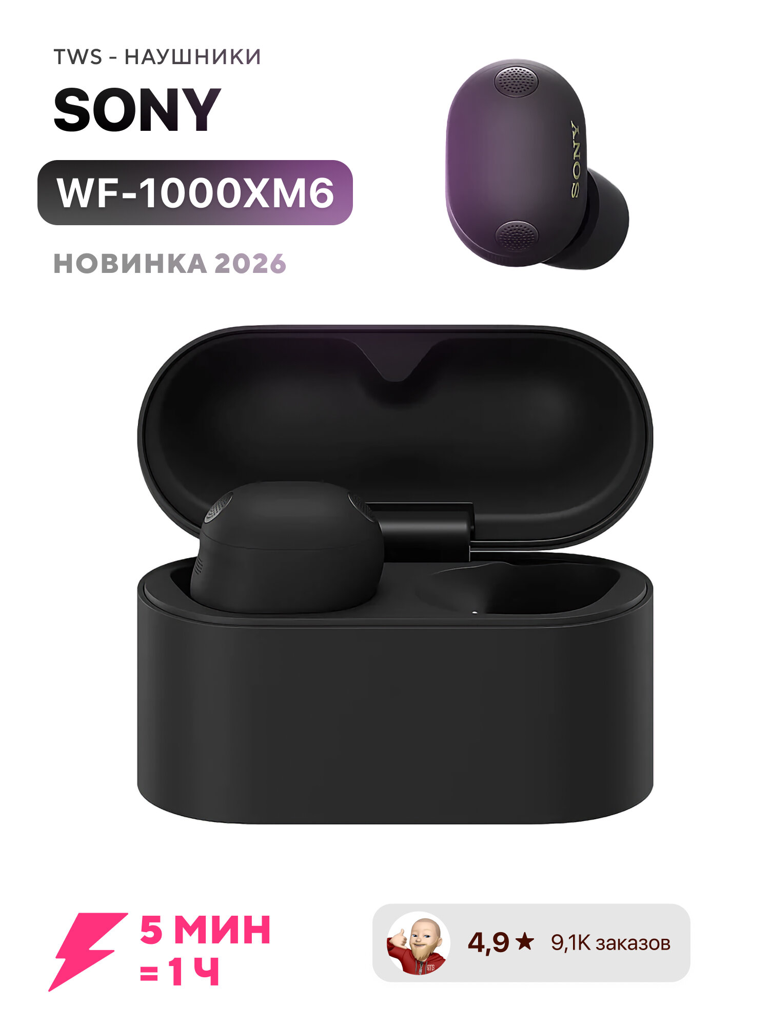 Sony WF-1000XM6 беспроводные наушники с шумоподавлением ANC, интеллектуальный AI, черный (Black)