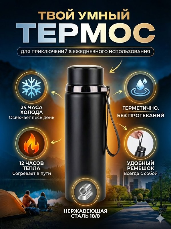 Термос "Sport", нержавеющая сталь 316, с цифровым датчиком температуры, черная, 0,5 л