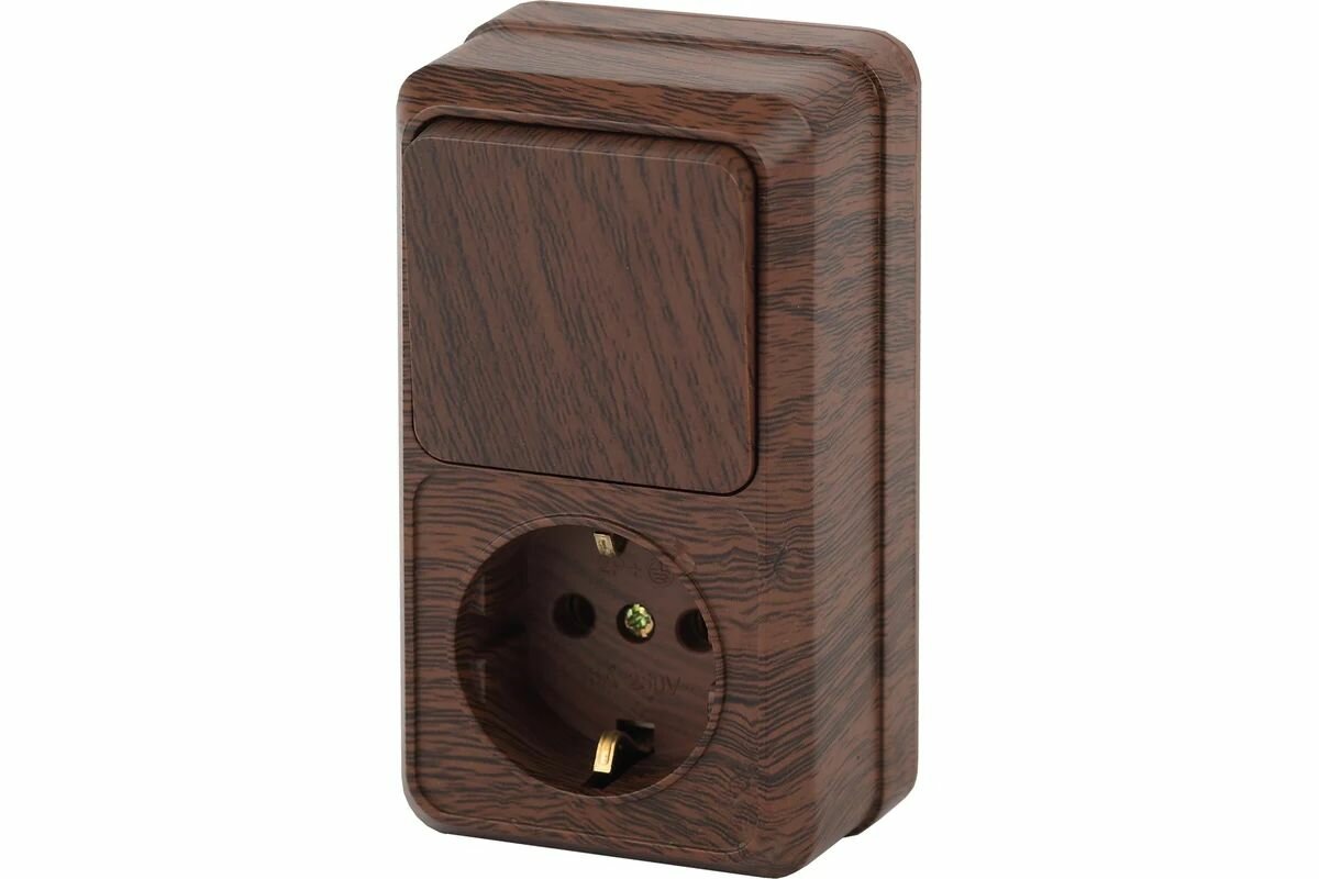 Блок розетка с выключателем вертикальный 10(16)А-250В, IP20, ОУ, венге