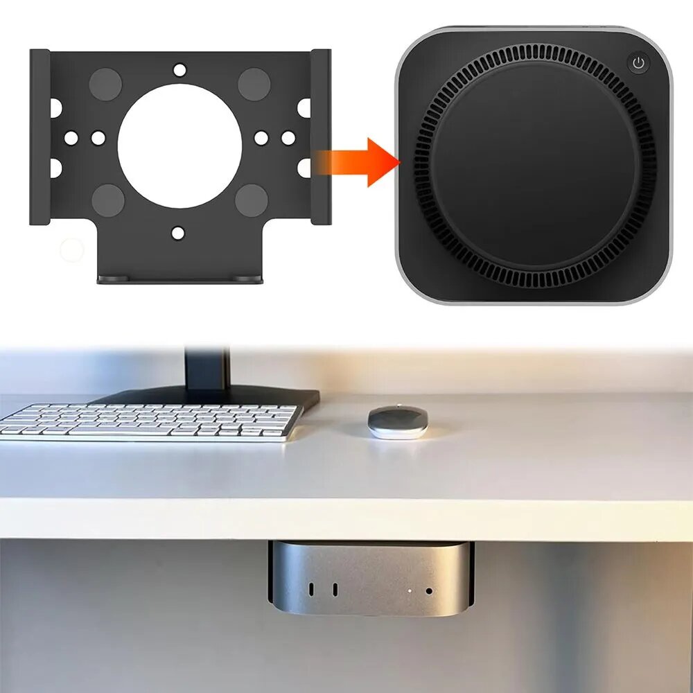 Крепление металлическое чёрное для Mac Mini M4 и M4 Pro: настенное, подстоличное, за монитор