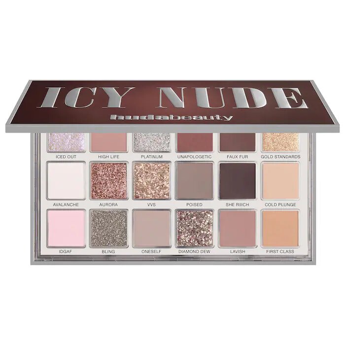 HUDA BEAUTY Icy Nude Eyeshadow Palette 18 оттенков: 11 матовых, дуохром, trio chrome, био-глиттер