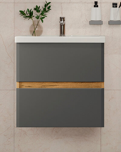 Изображение товара Тумба подвесная SanStar Graffa 50 с раковиной Фест 50 (комплект) для ванной комнаты Дуб вотан, графит софт