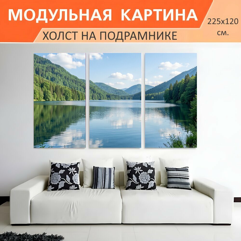 Модульная картина на холсте "Лесное озеро среди гор. Спокойная водная гладь в окружении хвойных склонов и зеленых холмов, отражение." триптих на подрамнике 225х120 см. для интерьера