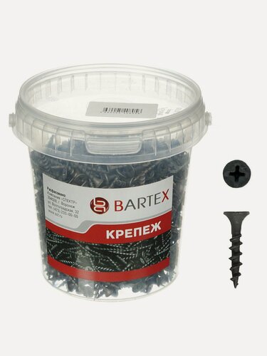 Изображение товара Саморезы по дереву и гипсокартону Bartex 3.5х19 мм, 1500 штук в банке, черный крепеж для строительных и ремонтных работ