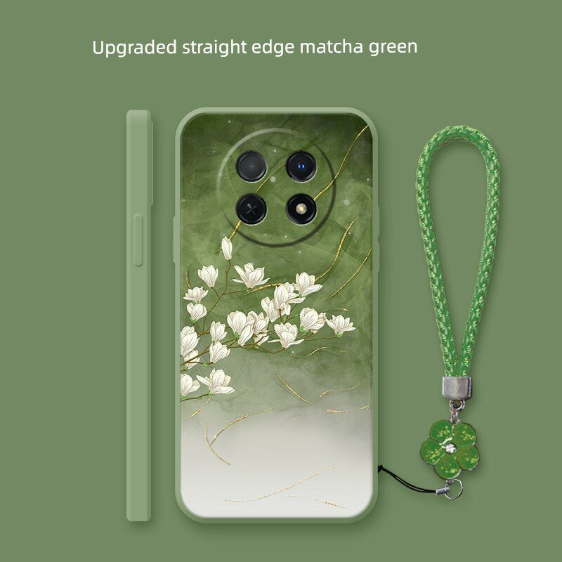 Чехол из жидкой силикона для Huawei Enjoy 9E с узором водяной краски орхидеи в зеленом, короткий зеленый шнур