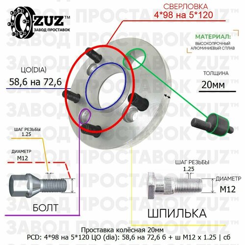 фото Проставка колёсная 1 шт 20мм 4*98 на 5*120 цо 58,6 на 72,6 крепёж в комплекте болт + шпилька м12*1,25 ступичная с бортиком переходная адаптер для дисков 1 шт на ступицу 4x98 на 5x120 zuz
