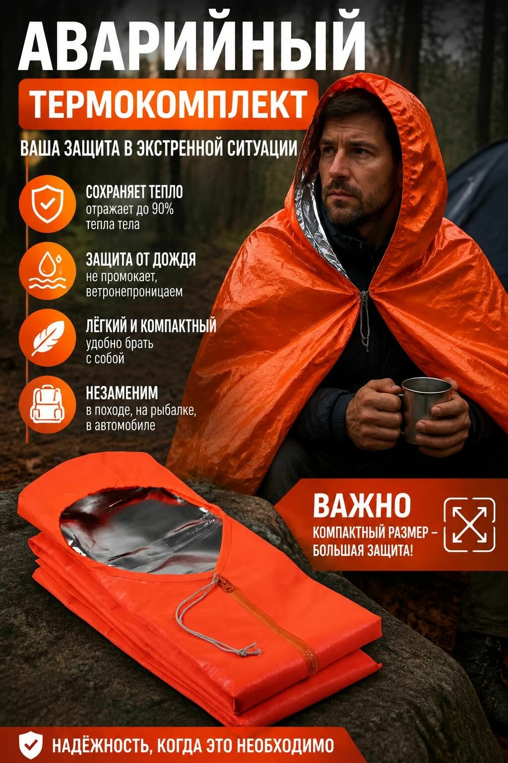 Набор аварийный, утолщённый, серебряный, термоизоляция профессиональный для активного отдыха
