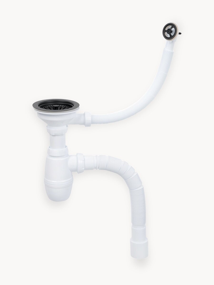 Сифон D 90 мм для кухонной мойки/раковины цвет черный матовый с круглым переливом и гофротрубой