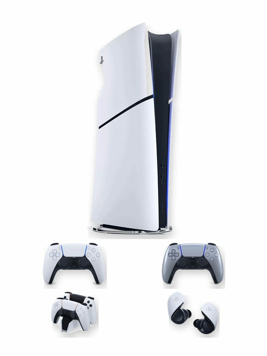 Игровая приставка Sony PlayStation 5 Slim Digital Edition 1 ТБ без дисковода, белая, японская версия + 2-й геймпад DualSense Sterling Silver + зарядная станция + наушники Pulse Explore