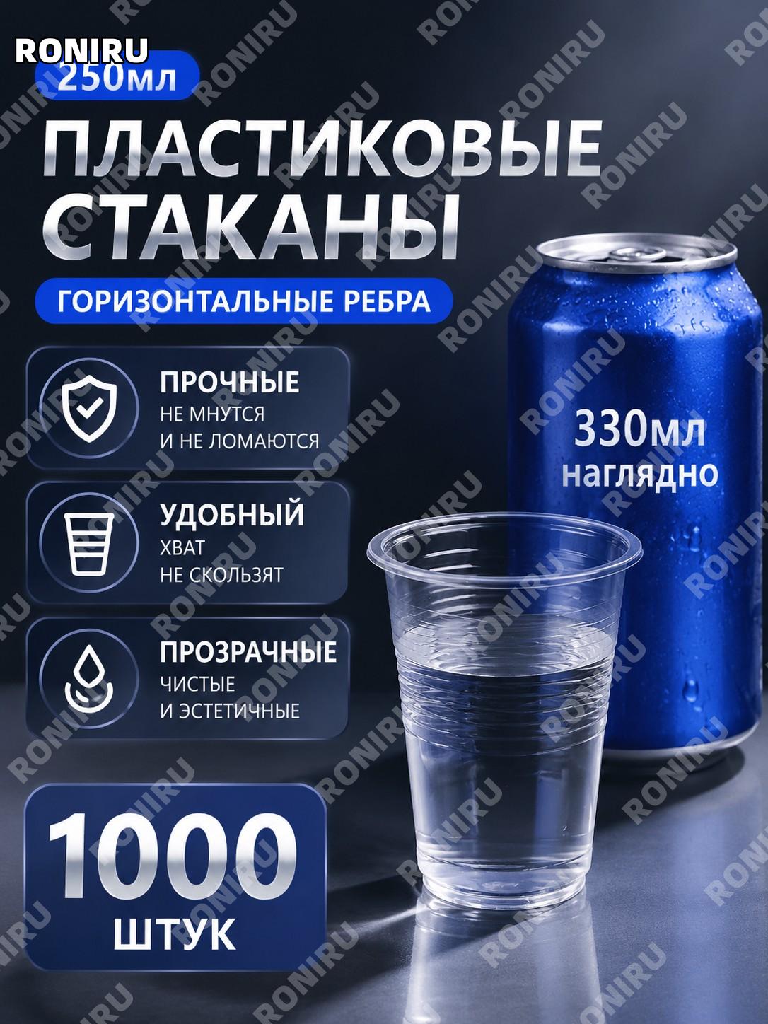 Одноразовые пластиковые стаканы 250 мл с поперечным рельефом 1000 шт, усиленная серия для дома и бизнеса для кафе