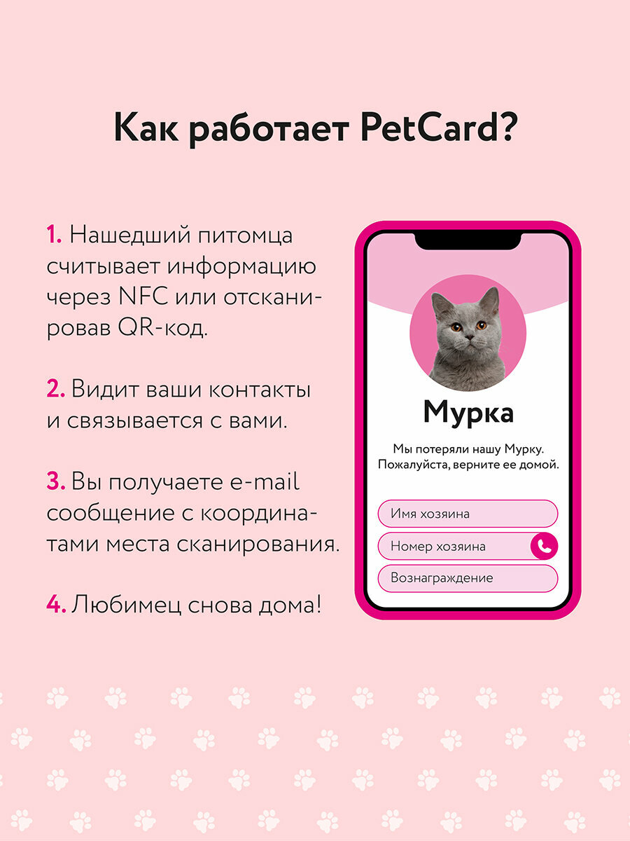 Адресник PetCard для собак и кошек с QR кодом и NFC, розовый. — фото 1