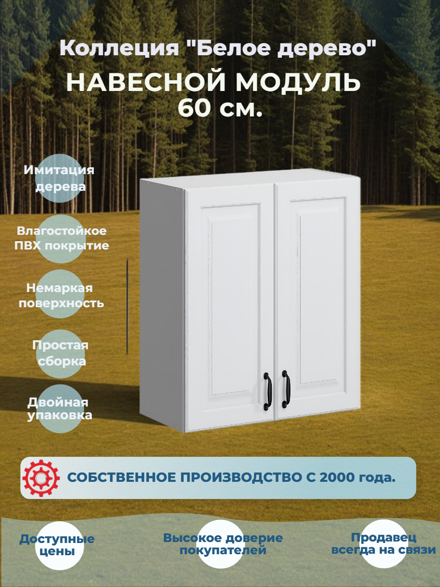 Кухонный навесной шкаф 60 см МДФ Белое дерево две двери полка переставляется