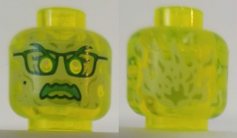 Minifigure, Head Alien Ghost with Yellowish Green Face, Glasses, Angry and Flames in Back Pattern, 3626pb2494 Trans-Neon Green U