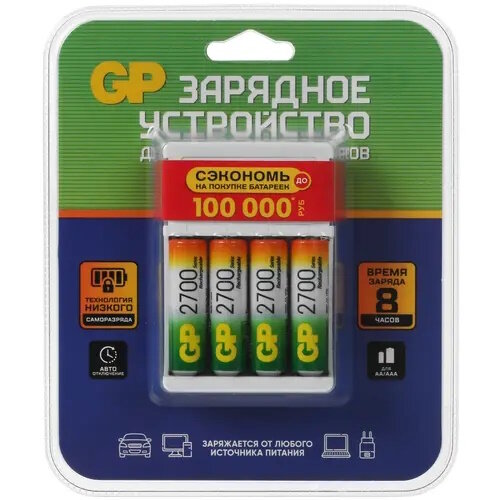Сетевое зарядное устройство GP 270AAHC/CPBR-2CR4 (4 слота AA/AAA + 4 аккумулятора AA 2700mAh)