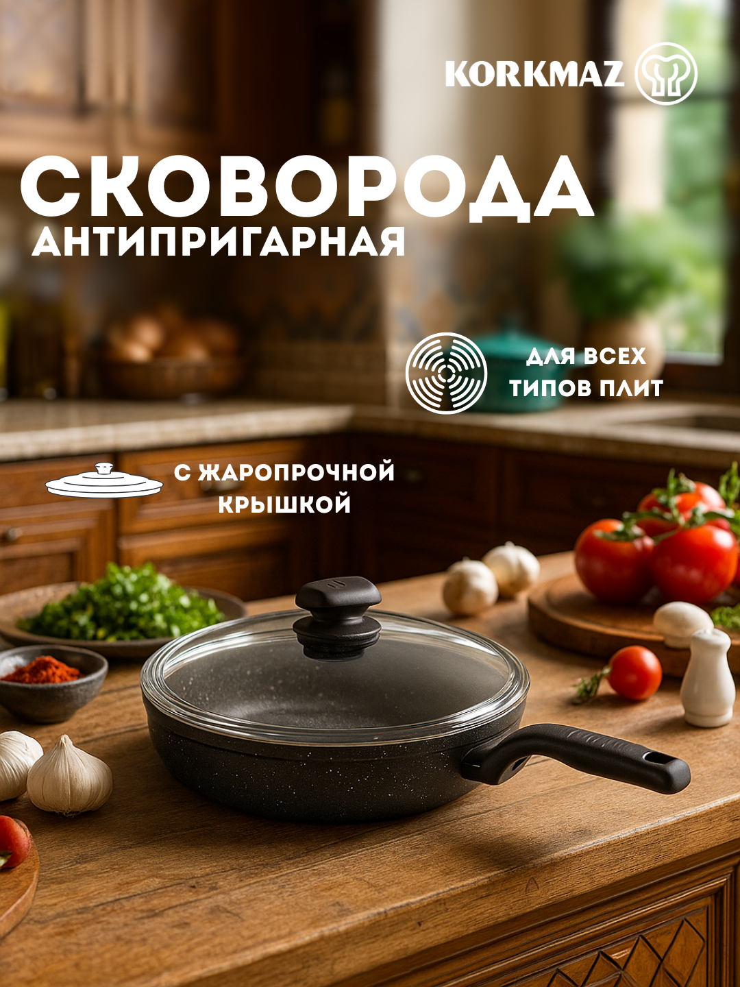 Сковорода с антипригарным покрытием и крышкой KORKMAZ ORNELLA A1346-1, 26×5 см, объём 2,5 л, алюминиевая