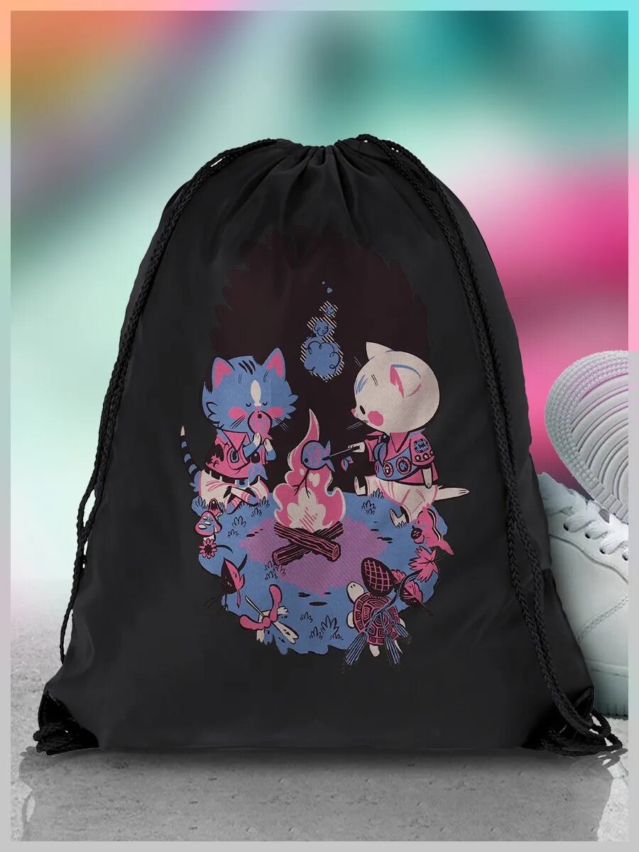 Мешок ДТФ для обуви черный с принтом гоблинкор котики (осень, мемы, коты, уют) - 2188