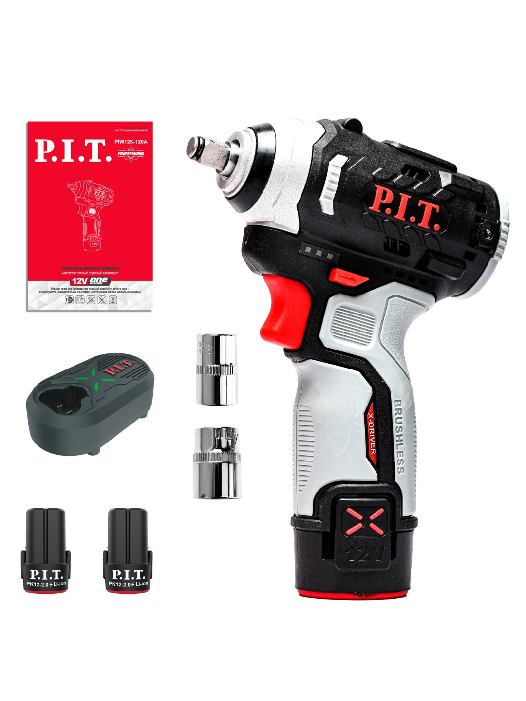 Аккумуляторный ударный гайковерт P.I.T. PIW12K‑120A/2, 12 В, 120 Н·м, 3 скорости, 3/8″, 2 АКБ, ЗУ
