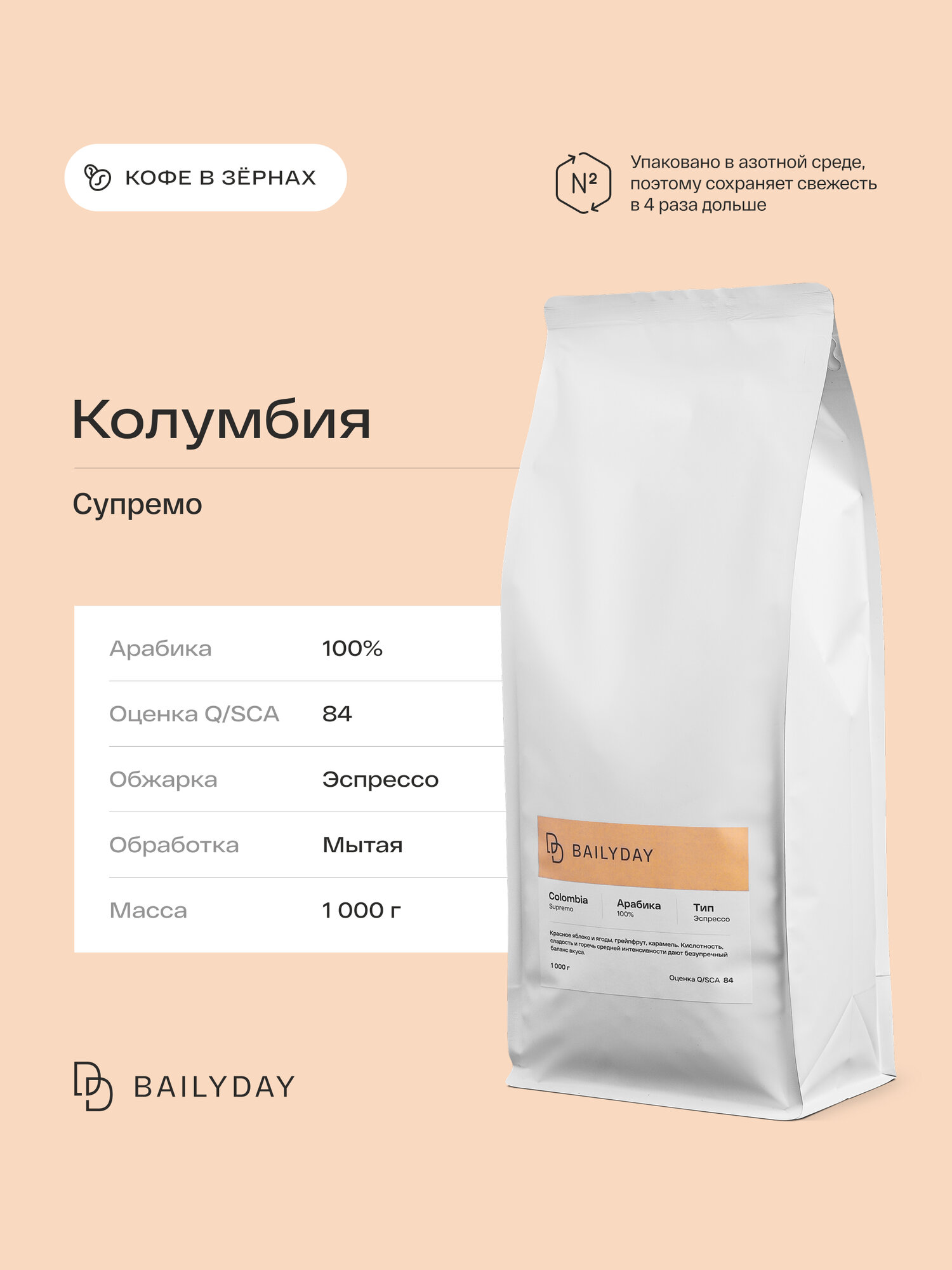 Кофе в зернах Колумбия Супремо Bailyday, 100% арабика, обжарка под эспрессо, 1 кг