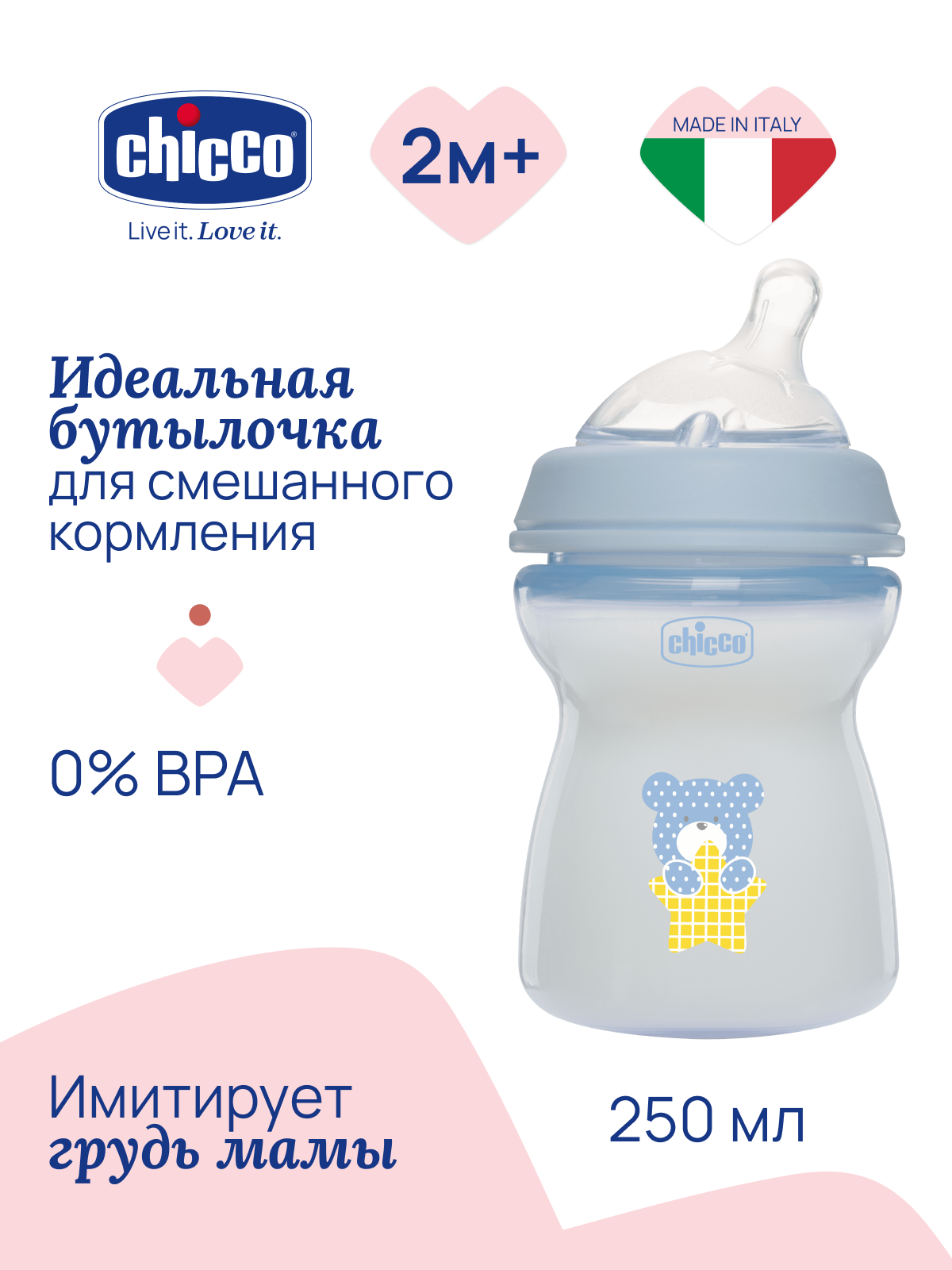 Chicco бутылочка для новорожденных Natural Feeling 250 мл голубая 2м+