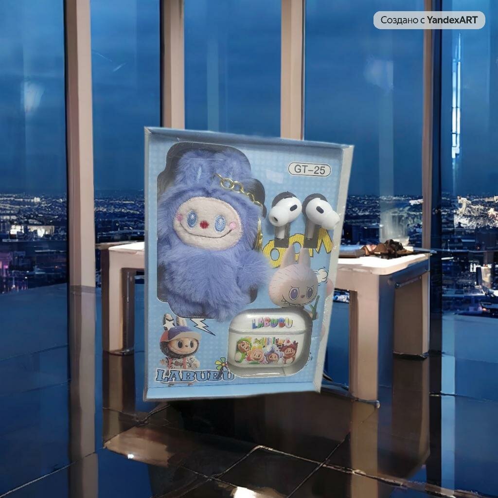 Подарочный набор в прозрачной пластиковой коробке с брелоком в стиле Labubu, наушниками AirPods и декоративным стикером