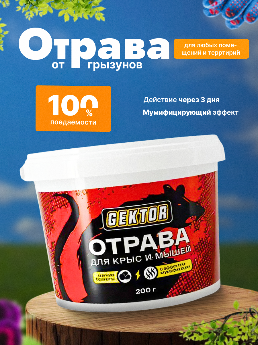 Gektor (Гектор) приманка для уничтожения грызунов крыс мышей полевок в брикетах 200 гр