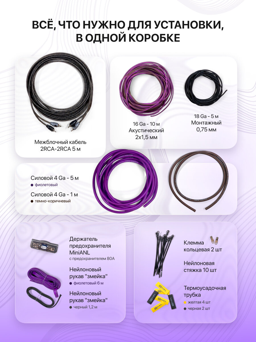 Набор для мощного автозвука SWC-24 (4Ga), силовые провода из чистой меди — фото 1