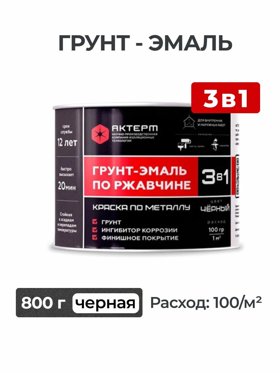 Грунт-эмаль по ржавчине 3 в 1 актерм краска по металлу быстросохнущая черная 08 кг
