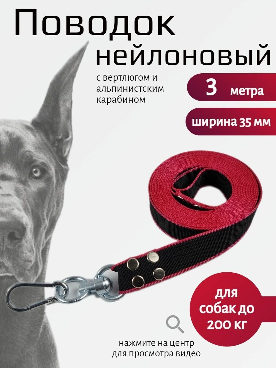 Поводок Хвостатыч для собак с вертлюгом и альпинистским карабином нейлон 3 м х 35 мм (черно-красный)
