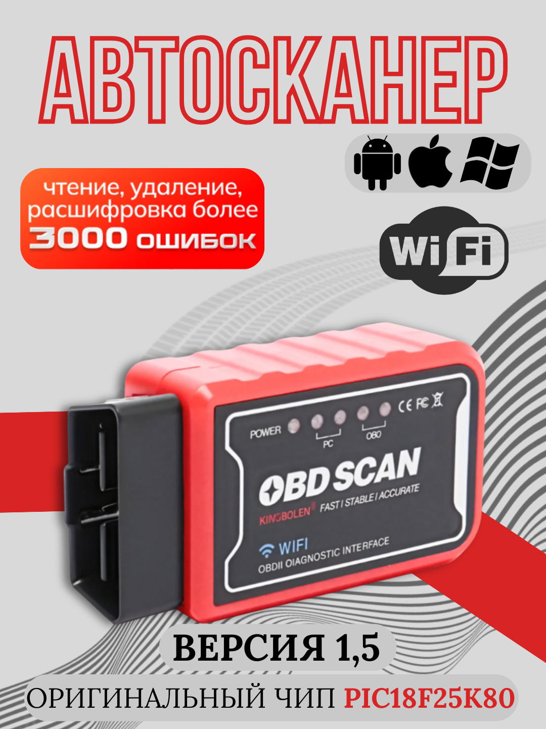 Сканер для диагностики автомобиля OBD2 V1.5 OBD2 ELM327, Автосканер с функцией кодирования при поддержке Wi-Fi