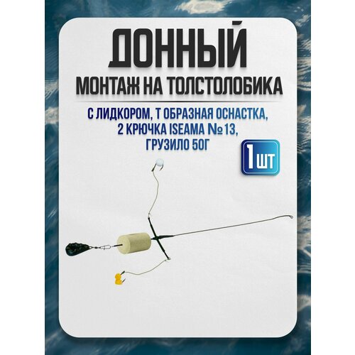 Донный монтаж с лидкором, Т-образная оснастка, 2 крючка ISEAMA №13, грузило 50г