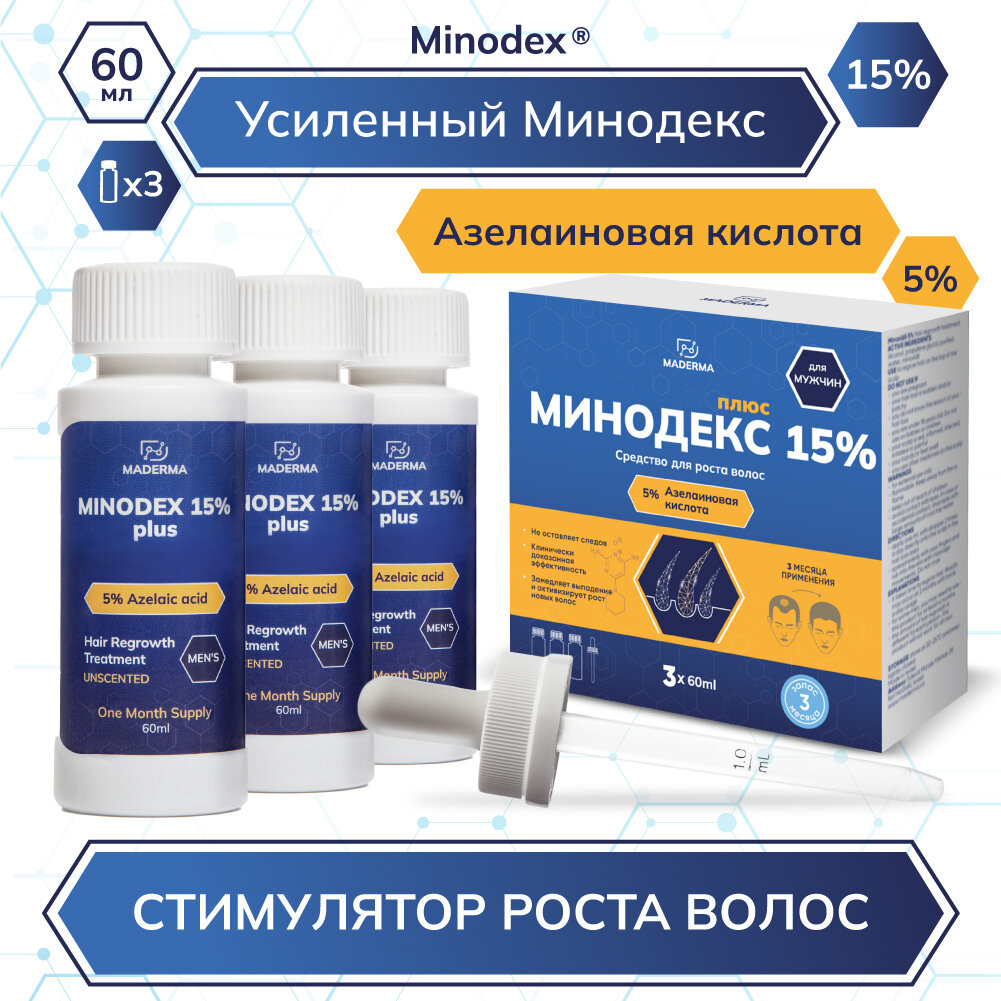 Усиленный Minodex 15% с азелаиновой кислотой, сыворотка активатор для роста волос и бороды, лосьон стимулятор, 3 х 60 мл