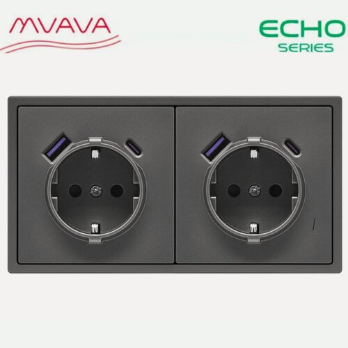 Изображение товара Розетка электрическая echo 2 поста с Usb/Type-C АC, быстрая зарядка 20W, цвет серый