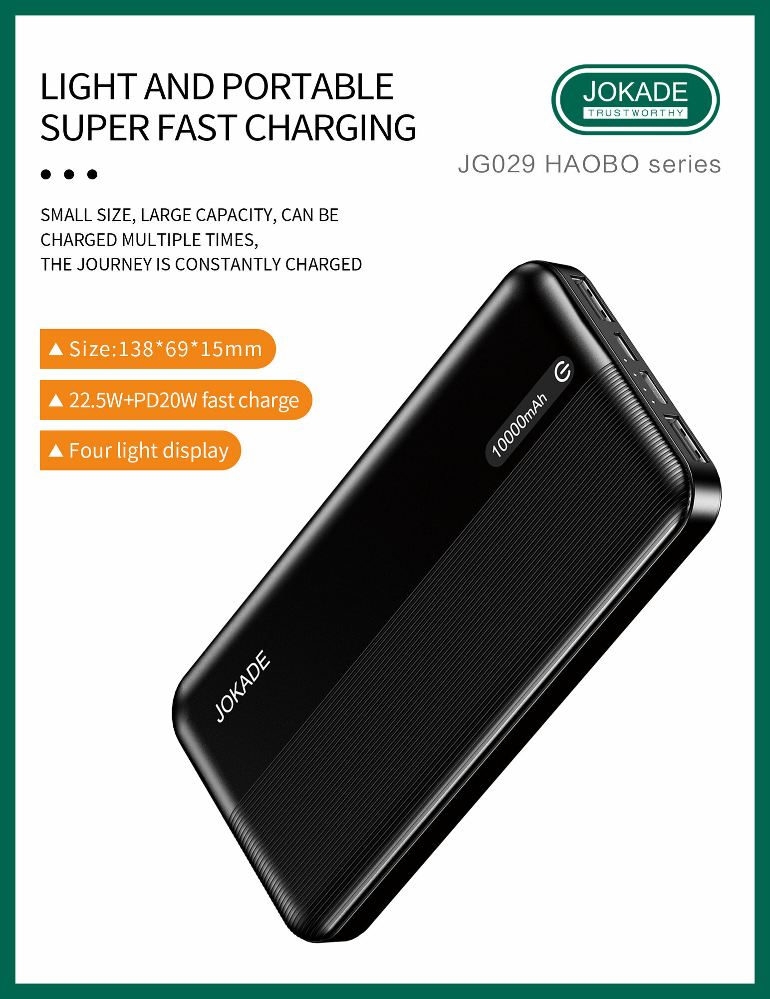 Портативный аккумулятор JOKADE JG029, Power bank 10000 mAh, универсальный, черный