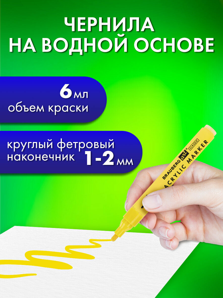 Акриловые маркеры для рисования перманентные, набор 20 ярких цветов, фломастеры для скетчинга и граффити, линия 1-2 мм, Brauberg Art Classic, 152524 — фото 1