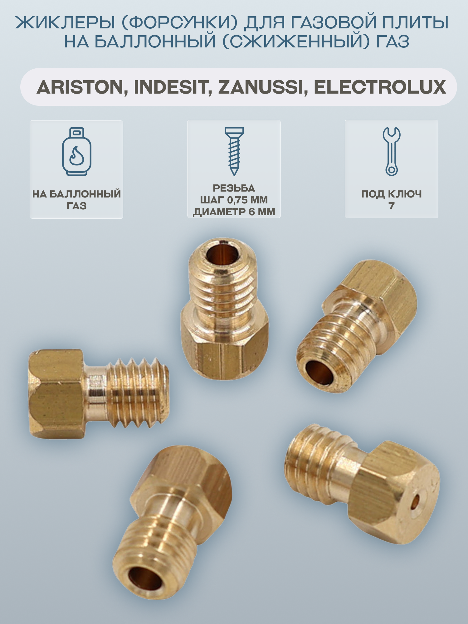 Жиклеры (форсунки) для газовой плиты Ariston Indesit Zanussi Electrolux на баллонный (сжиженный) газ/WO407 5 шт
