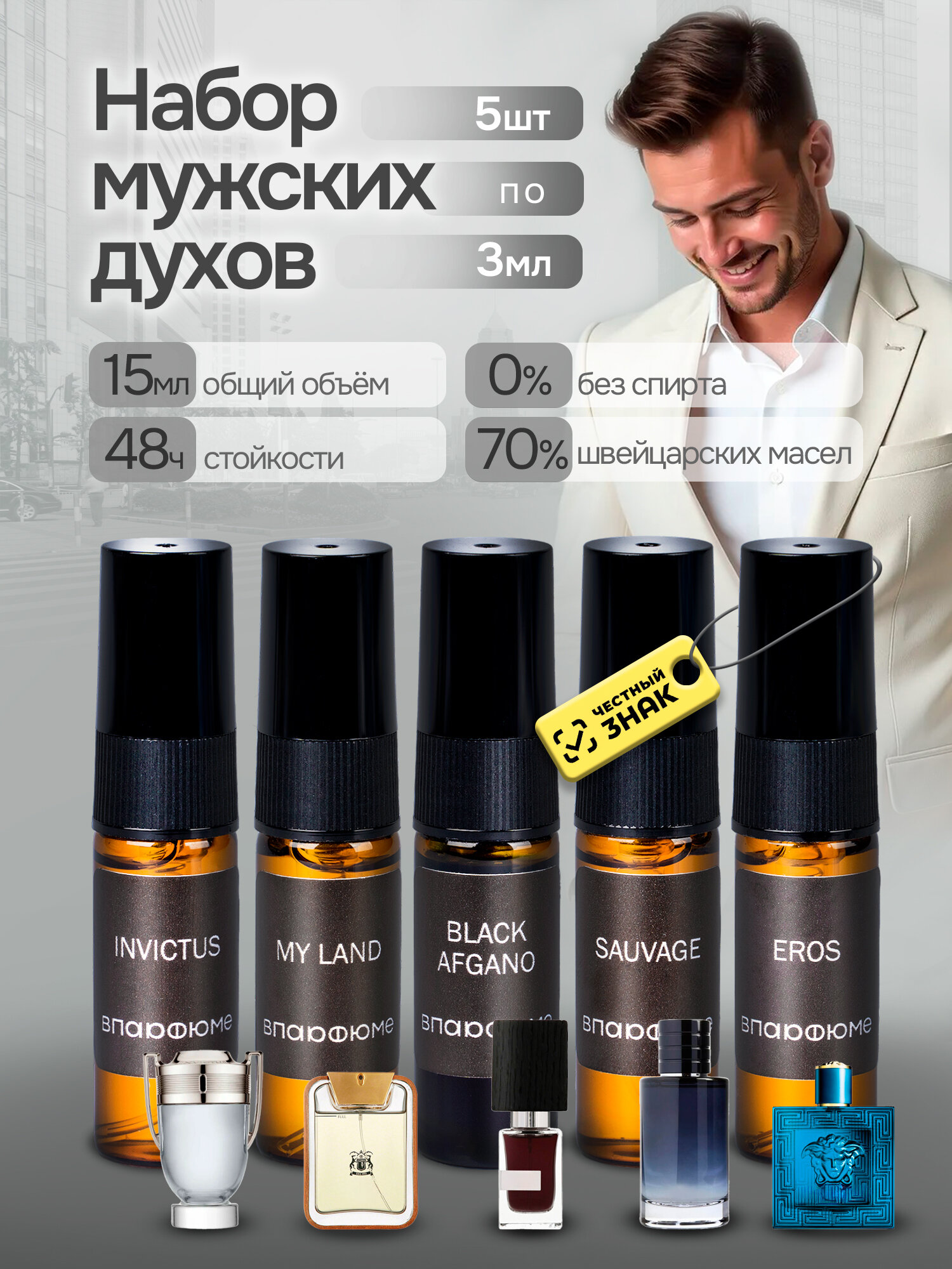 Мужские духи. Набор пробников 5*3мл. Black Afgano, Пако Рабан Invictus, Труссарди My Land, Sauvage, Версаче Eros