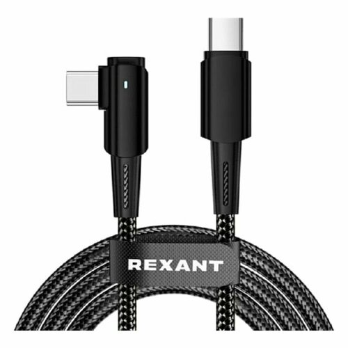 Rexant кабели 18-7070 Кабель Type-C - Type-C, 5А, 100Вт, 1м, в черной нейлоновой оплетке, с угловым штекером и световой индикацией