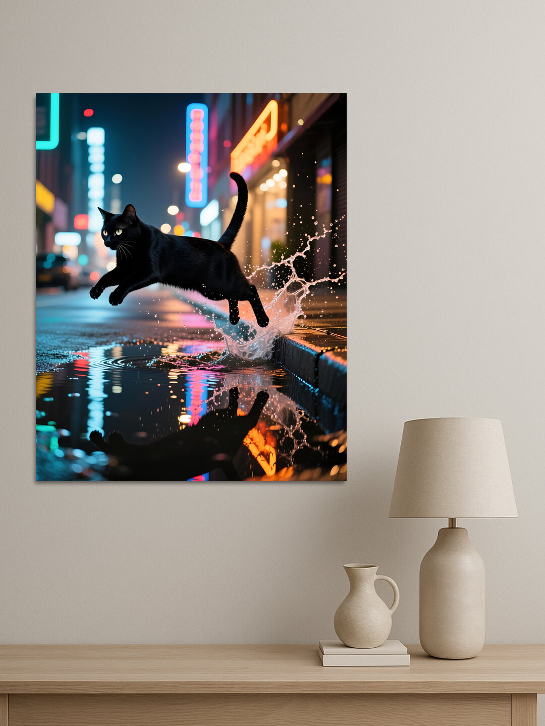 Картина интерьерная на стену ARTERY "Чёрный кот и городские огни", печать на холсте, постер на подрамнике, 40х50 см — фото 1