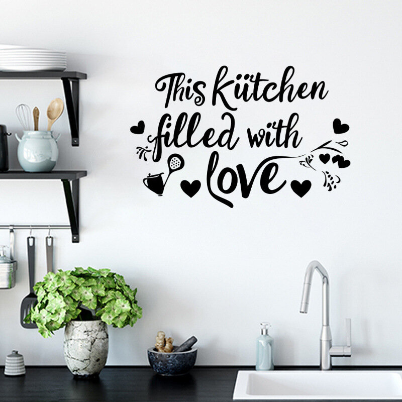 Наклейки на стену для кухни с цитатой «Эта кухня наполнена любовью». Съемные обои из ПВХ самоклеящиеся настенные наклейки романтический фон для столовой домашнего декора для кафе и ресторана 30x45 см