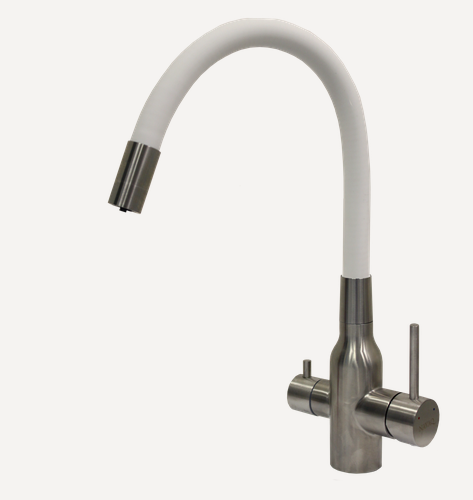 Изображение товара Смеситель NAVAQ однорукий д/кухни с подкл. фильтра, сатин/белый, нерж. сталь, бок. ручка