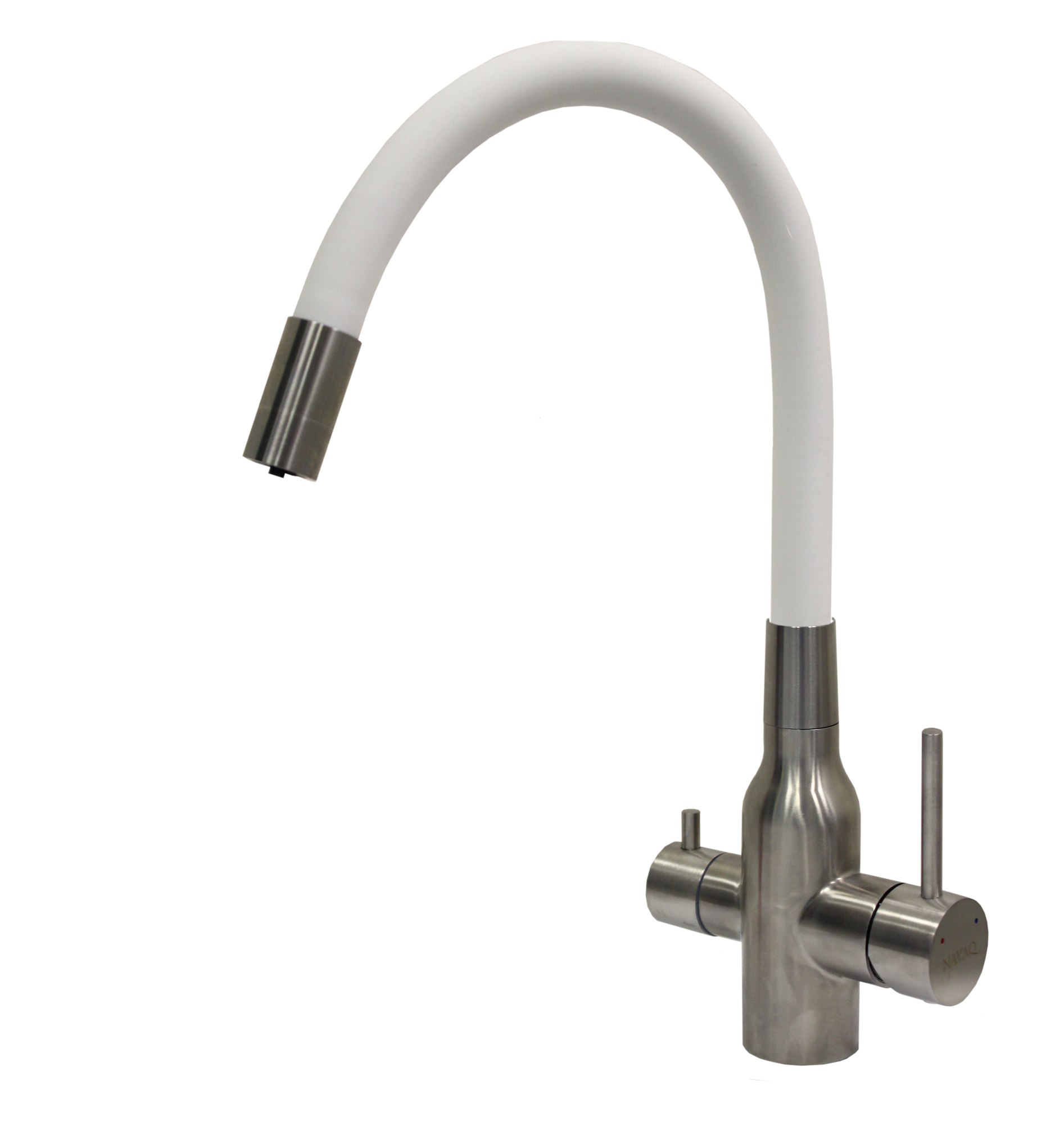 Смеситель NAVAQ однорукий д/кухни с подкл. фильтра, сатин/белый, нерж. сталь, бок. ручка