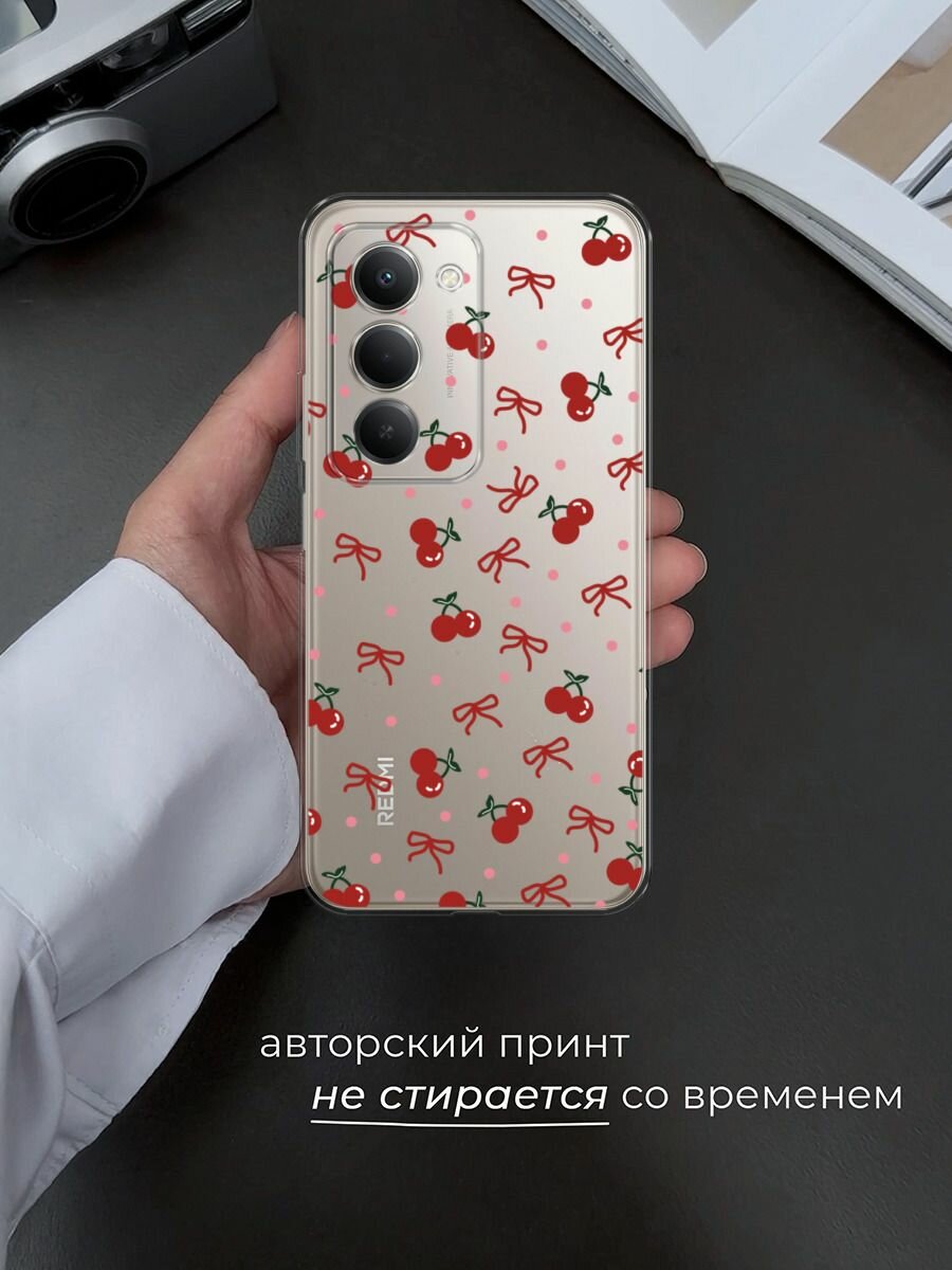 Чехол на Xiaomi Redmi 15 / Сяоми Редми 15 с принтом "Вишни и ленточки", прозрачный — фото 1
