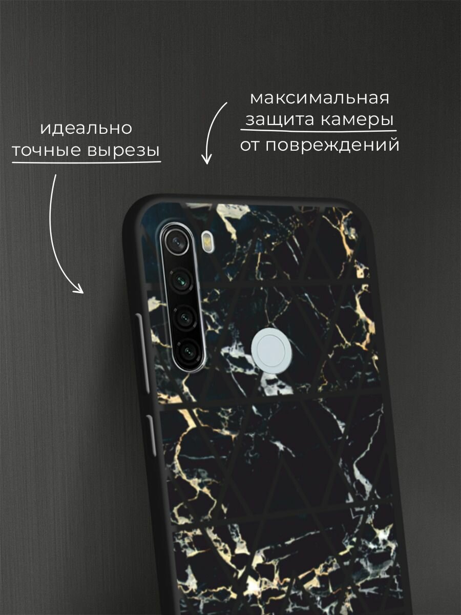 Черный матовый чехол на Xiaomi Redmi Note 8T / Сяоми Редми Нот 8Т с принтом "Черный мрамор с узорами треугольниками" — фото 1