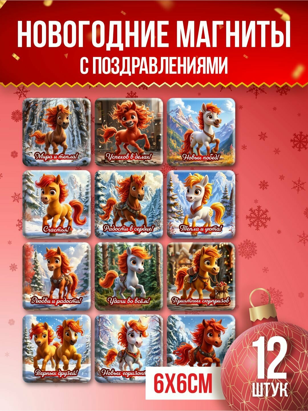 Набор новогодних магнитов символ года Лошадь 2026 большие 12 шт подарок на Новый год