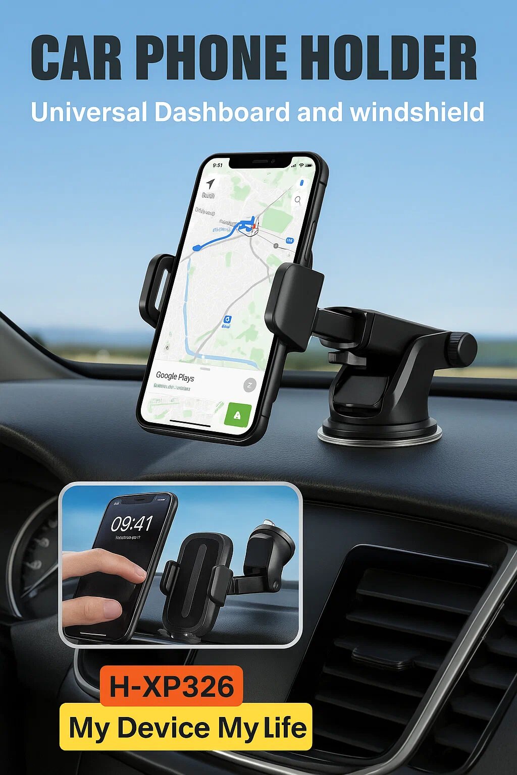 Держатель телефона в автомобиль H-XP326 — универсальный, 360°, для панели и лобового стекла